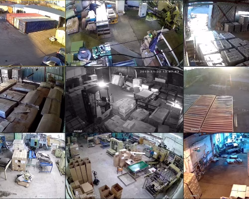 Вид на 9 камер наблюдения на производстве с монитора